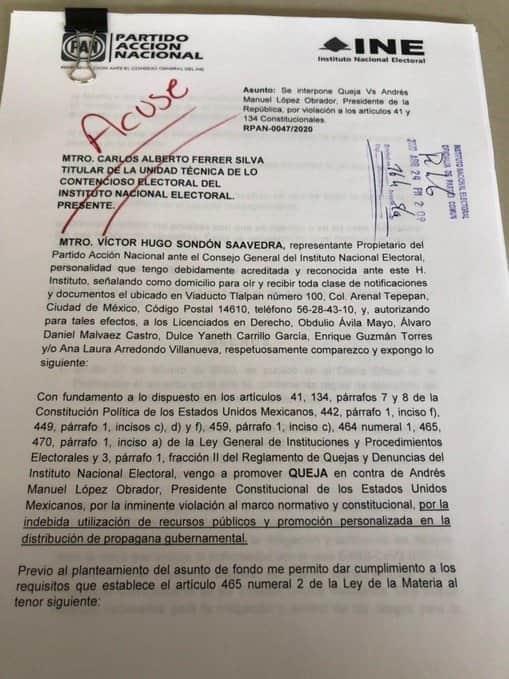 Presenta Acción Nacional queja ante el INE contra AMLO