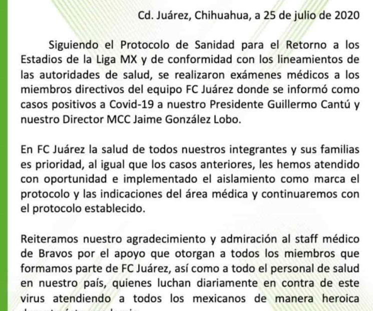 Dos casos de COVID en Juárez FC; uno es su presidente