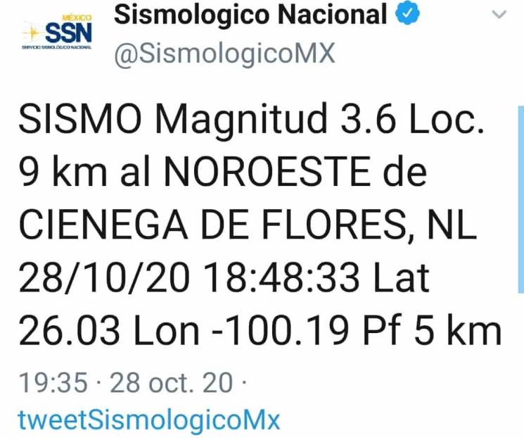 Se registra sismo de 3.6 grados