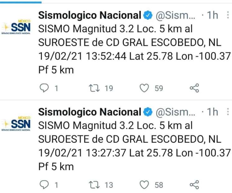 Reportan dos temblores en Escobedo