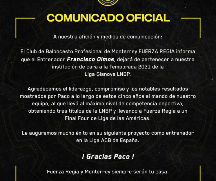 Confirma Fuerza Regia salida de Paco Olmos