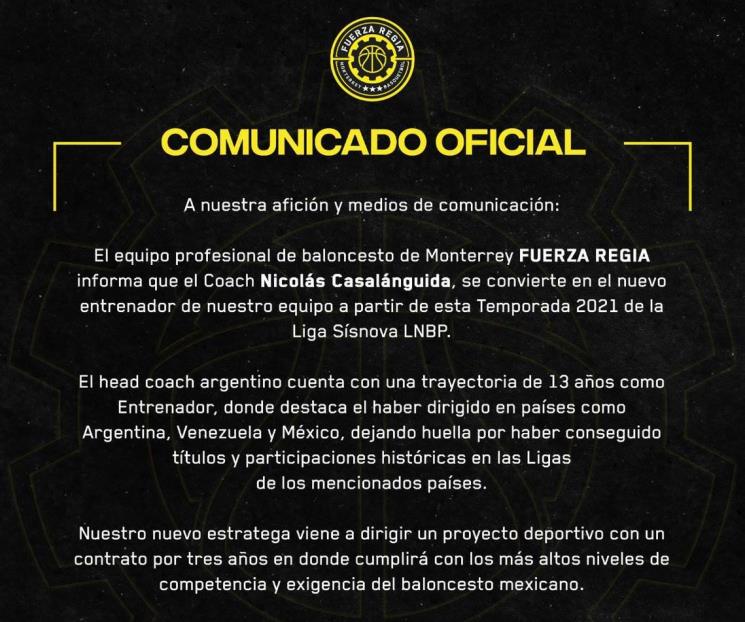 Confirma Fuerza Regia a Casalanguida como su Coach