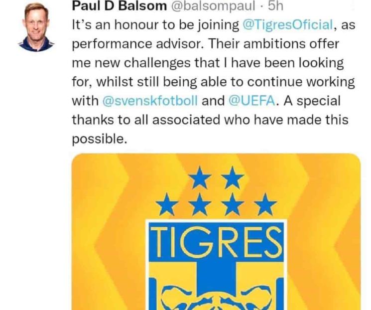 Confirma Paul Balsom su llegada a Tigres