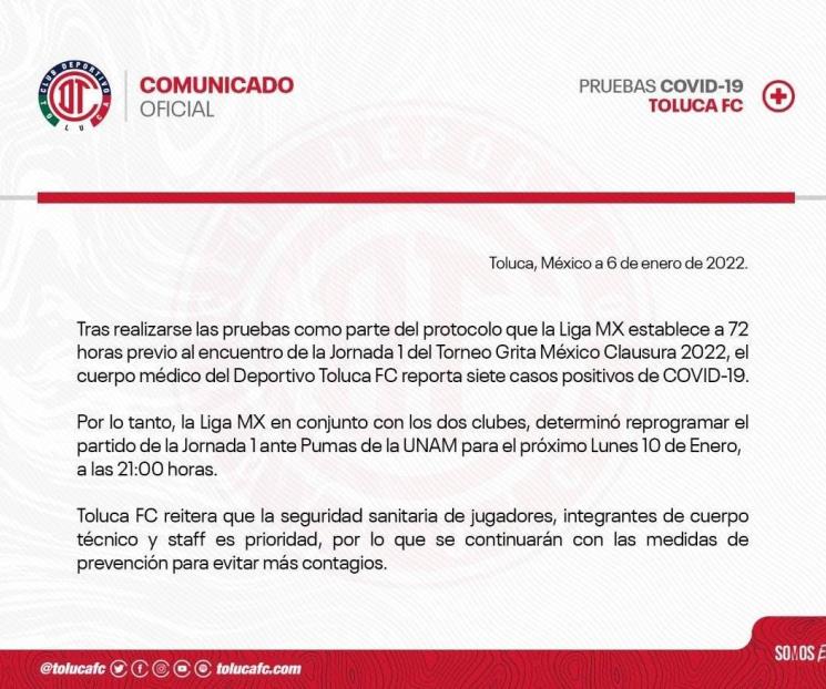 Reprograma Liga MX el Toluca vs Pumas para el lunes
