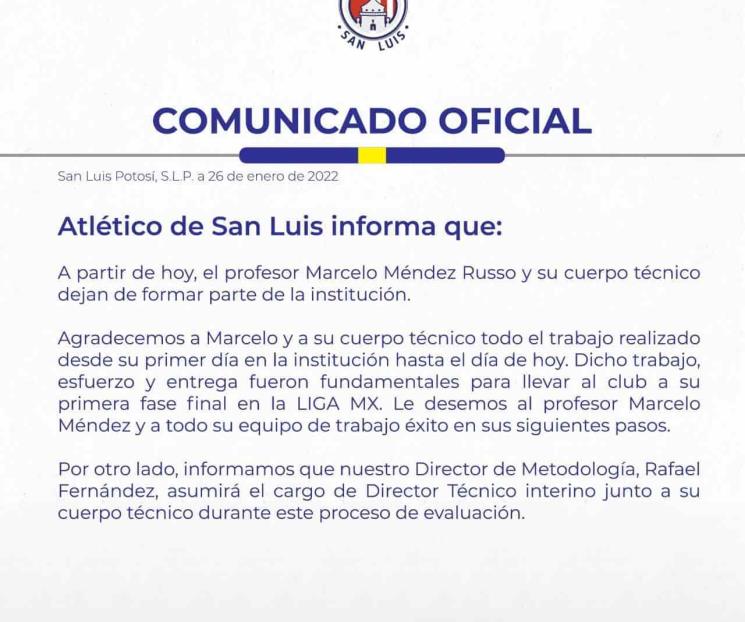Deja Marcelo Méndez de ser técnico del San Luis