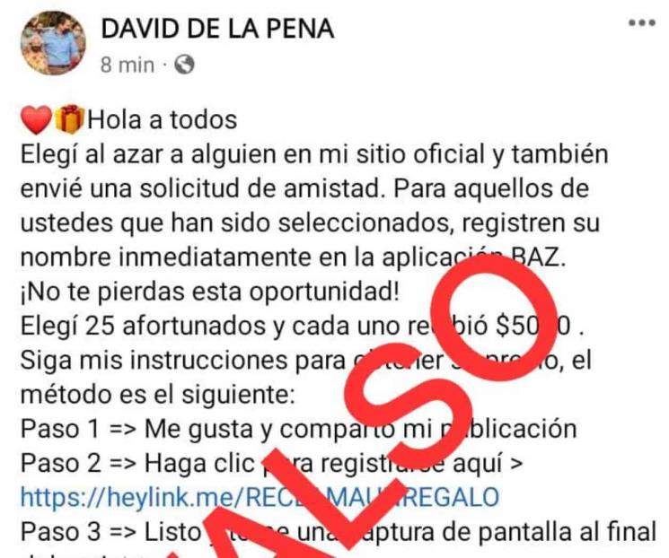 Alerta David de la Peña sobre publicación falsa en redes