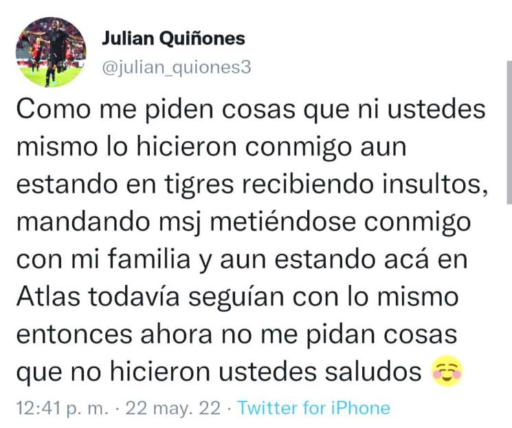 Justifica Julián Quiñones sus burlas hacia Tigres