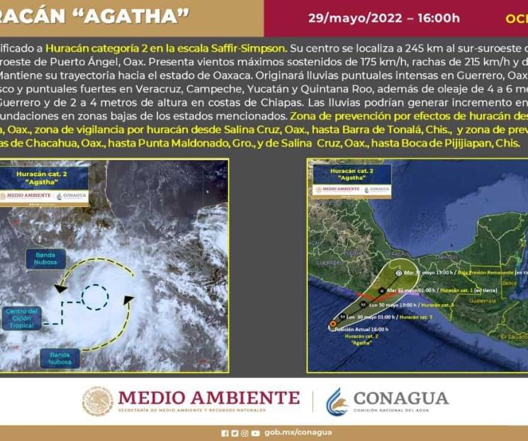 Se intensifica Agatha a huracán categoría 2
