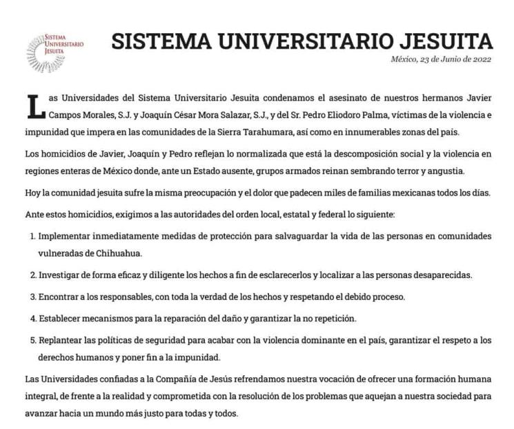 Universidades jesuitas condenan asesinato de sacerdotes