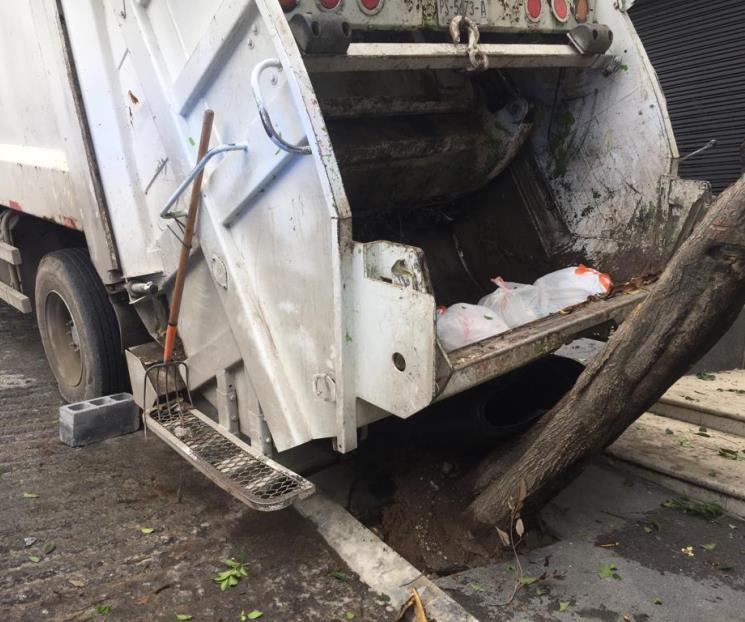 Se estrella camión recolector de basura con árbol