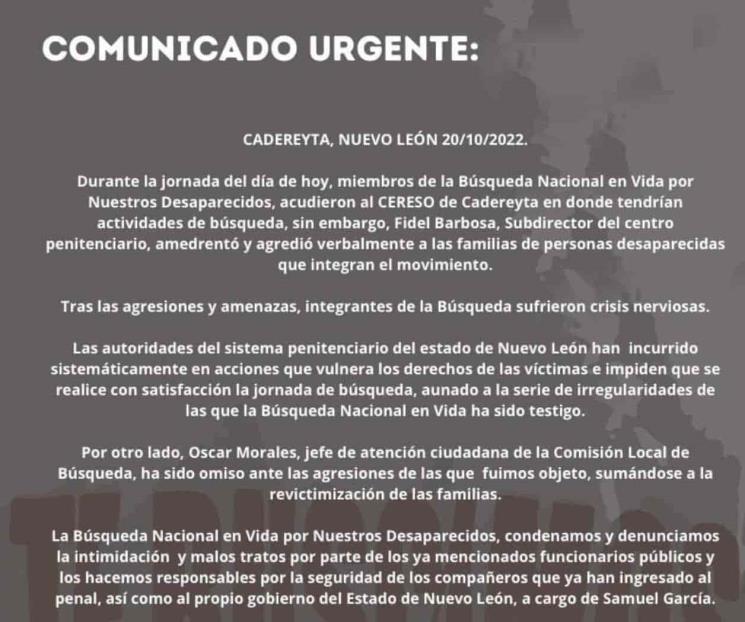 Amenazan a familiares de desaparecidos en penal de Cadereyta