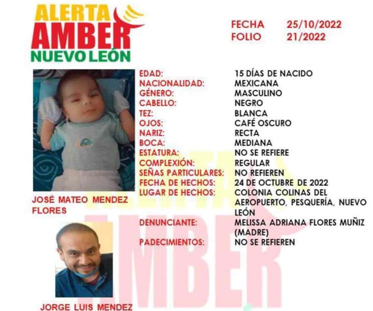 Lanzan Alerta Amber por bebé desaparecido en Pesquería