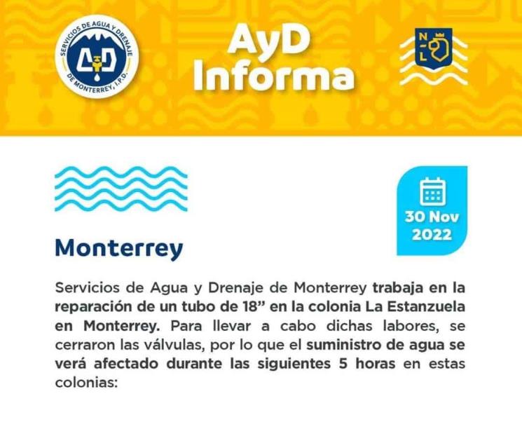Suspenderán agua en 76 colonias del sur de Monterrey