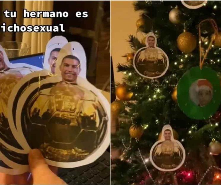 Aficionados decoran Árbol de Navidad con esferas de Ronaldo