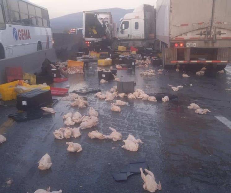 Hacen rapiña de pollos tras choque entre vehículos en García
