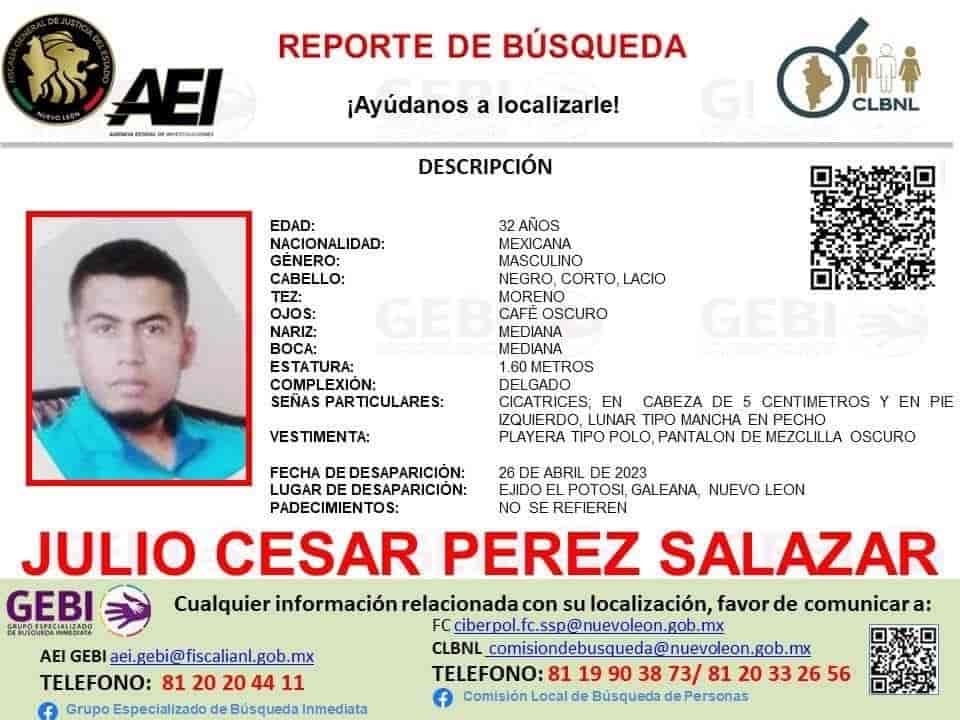 La Fiscalía General de Justicia del Estado, emitió una ficha de búsqueda, para intentar ubicar a un hombre que desapareció en el municipio de Galeana