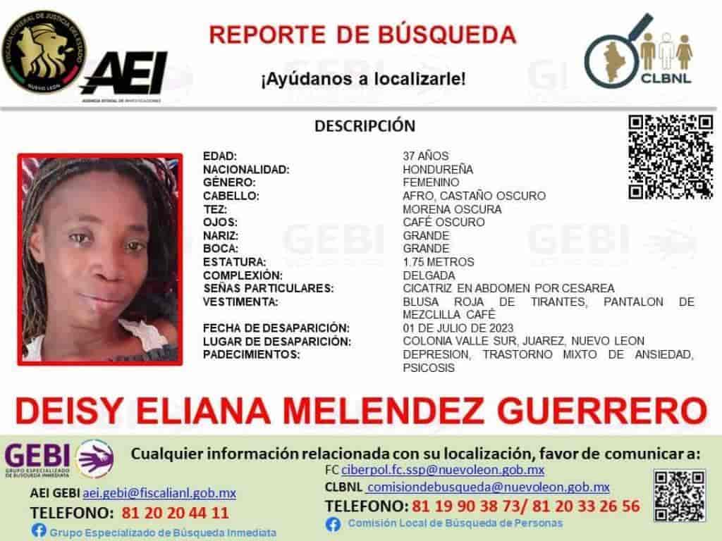 Una mujer originaria del país centroamericano de Honduras, es buscada por las autoridades estatales, después de desaparecer en el municipio de Juárez, Nuevo León.