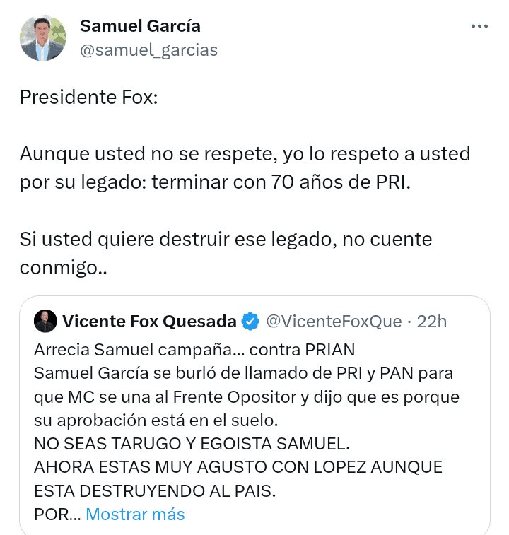 Responde Samuel García a Fox