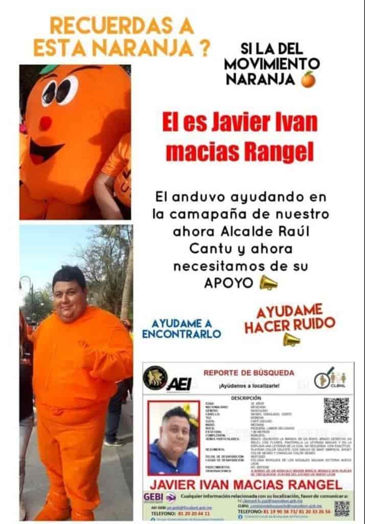 Una familia del municipio de Salinas Victoria, ofreció una recompensa de 100 mil pesos, a quien los apoye para poder ubicar al hombre que da vida a la botarga de "Movimiento Naranja", en dicha localidad.