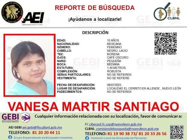 Buscan a adolescente desaparecida en Allende