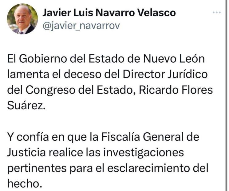 Confía Navarro se esclarezca muerte de Director Jurídico