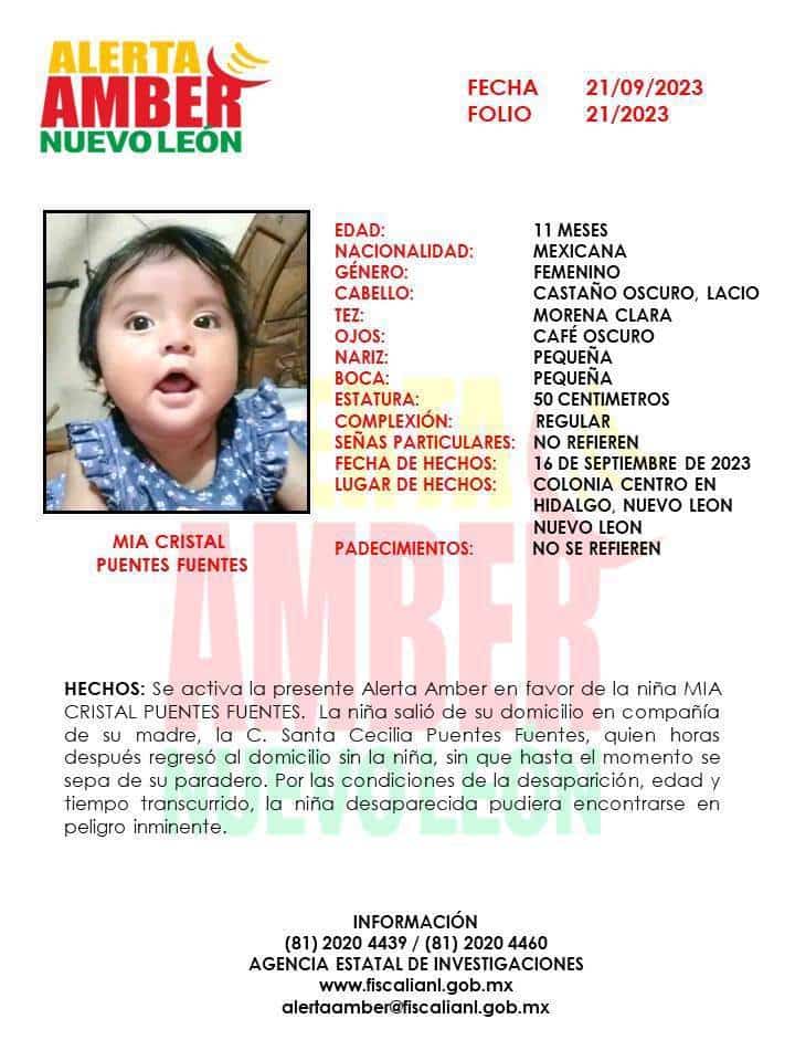 La Fiscalía General de Justicia del Estado, movilización a todo un ejército de agentes, para intentar ubicar a una bebita de 11 meses, que desapareció en el centro del municipio de Hidalgo, Nuevo León.
