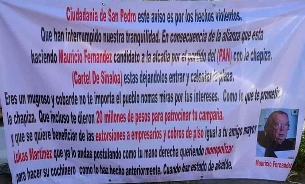 Dejan narcomantas contra Mauricio Fernández en San Pedro