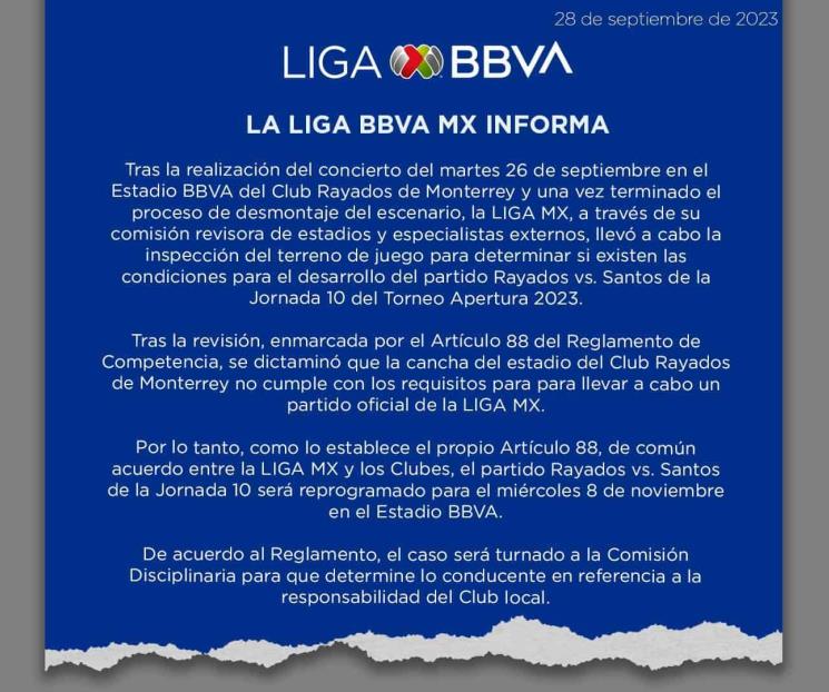 Confirma Liga MX que se aplaza el Rayados-Santos