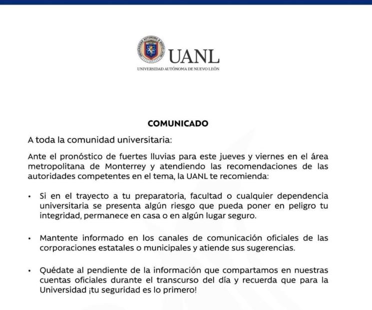 Anuncia UANL justificación de faltas ante fuertes lluvias