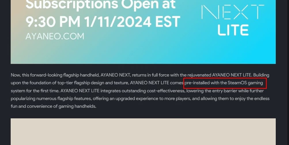 La Ayaneo Next Lite no llegará con SteamOS, después de todo