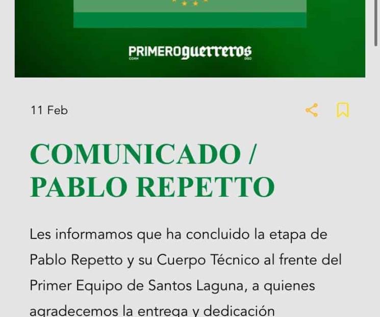 Despide Santos Laguna a Pablo Repetto