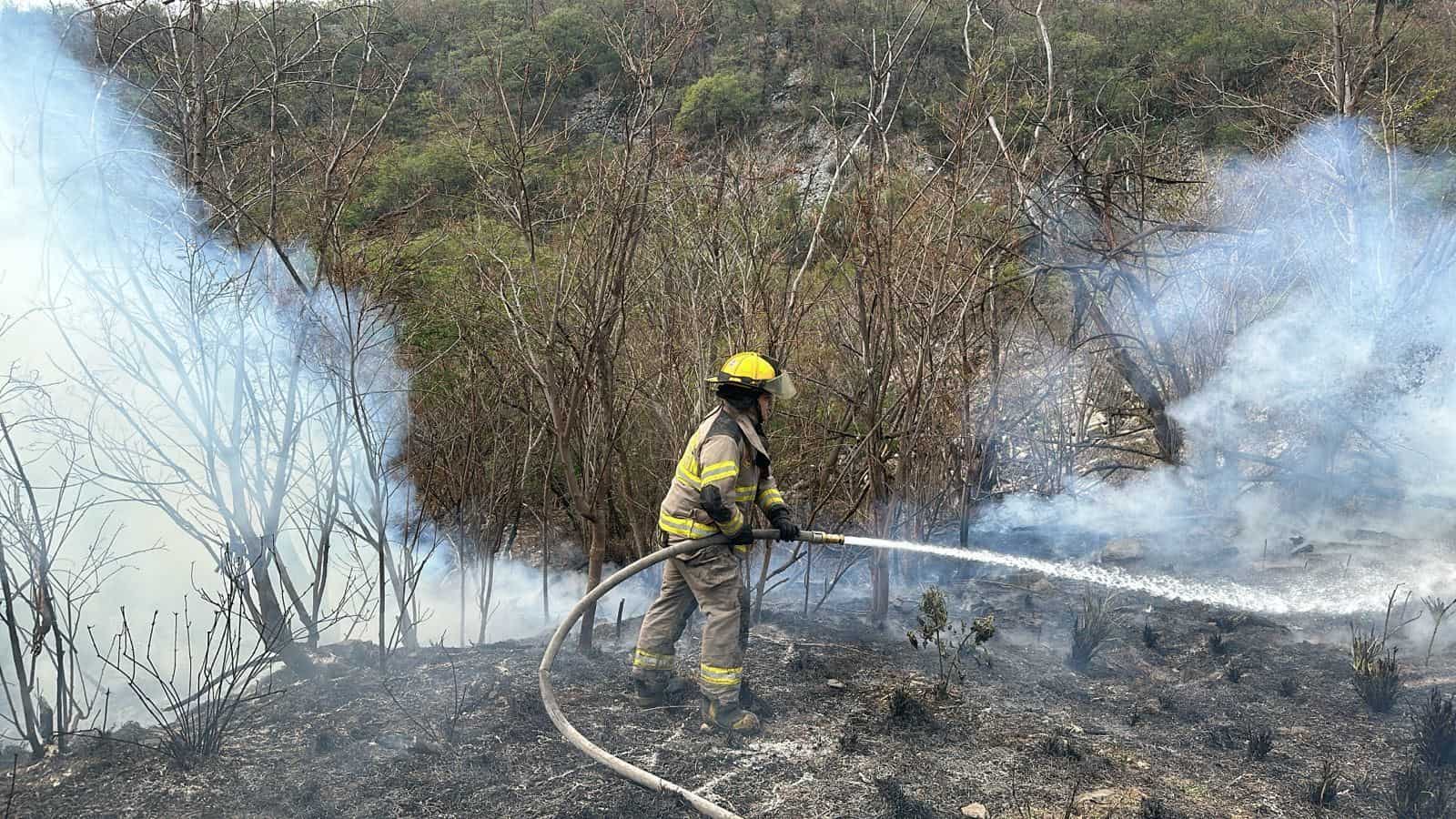 El incendio de pastizal en el Cerro de las Mitras por la zona de Colinas de San Jerónimo, movilizó a las autoridades luego de que el humo llegó al Bulevar Rogelio Cantú, ayer al poniente de Monterrey.