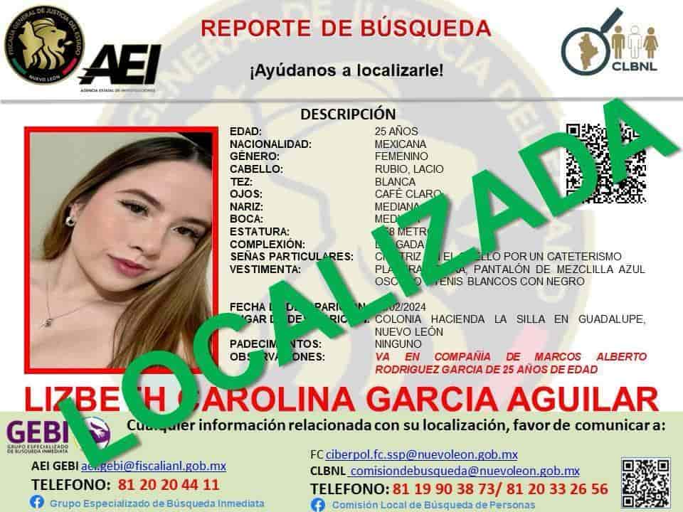 La pareja reportada como desaparecida cuando regresaba a Monterrey de Mazatlán, por carretera, fue ubicada por la Fiscalía General de Justicia de Nuevo León.