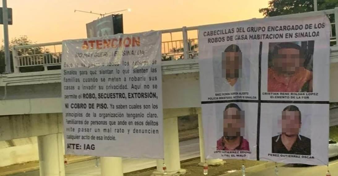 Aparecen mantas firmadas por IAG en diversos puntos de Culiacán