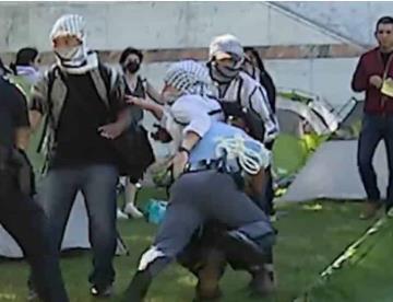 Policía derriba a manifestante propalestino en Universidad Emory, EU