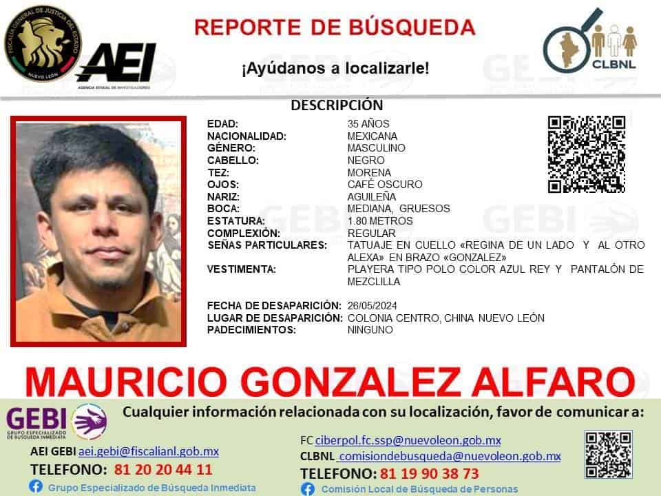 La Fiscalía General de Justicia del Estado, se mantiene en alerta luego de reportarse la desaparición de un joven originario del municipio de China, Nuevo León.