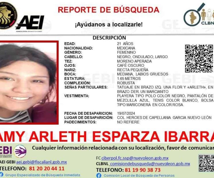Reportan desaparición de una joven en García
