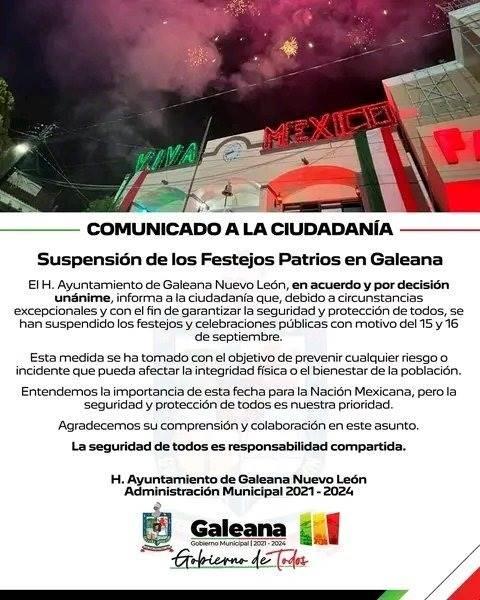 Suspenden Galeana y Cadereyta ceremonia del Grito de Independencia